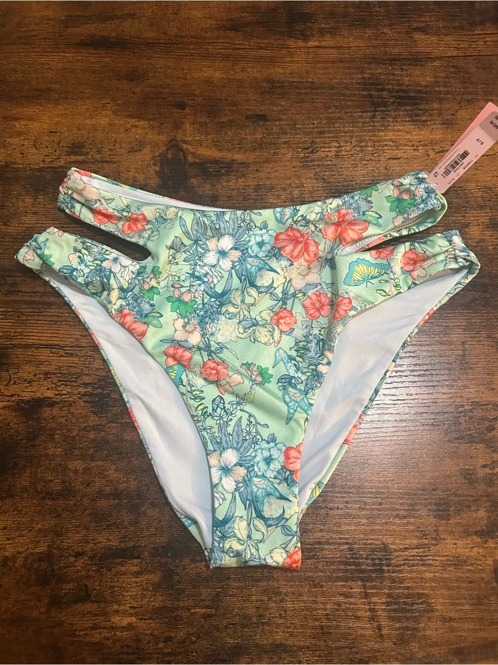 Victoria’s Secret Floral High-Cut Bikini Bottom - Mint with Coral Accents SMALL